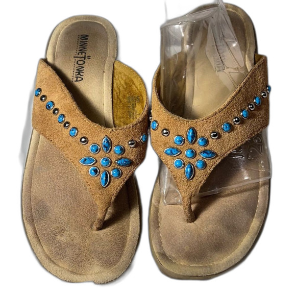 Minnetonka size 7 thong sandal turquoise color stones tan leather - Picture 1 of 8